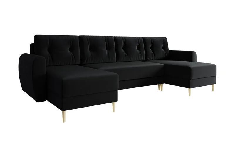 Bornalle 3-seter U-formet Sovesofa med Oppbevaring i Plysj - Svart - Møbler - Sofaer - Sovesofaer - Sovesofa divan