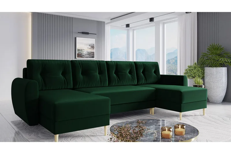 Bornalle 3-seter U-formet Sovesofa med Oppbevaring i Plysj - Grønn - Møbler - Sofaer - Sovesofaer - Sovesofa divan