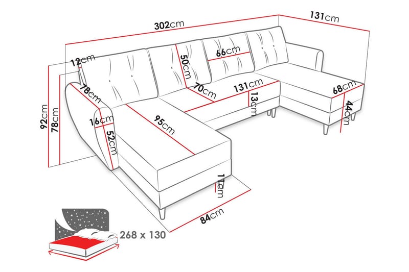 Bornalle 3-seter U-formet Sovesofa med Oppbevaring i Plysj - Svart - Møbler - Sofaer - Sovesofaer - Sovesofa divan