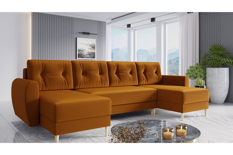 Bornalle 3-seter U-formet Sovesofa med Oppbevaring i Plysj - Gul - Møbler - Sofaer - Sovesofaer - Sovesofa divan