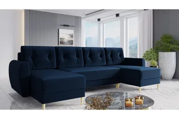 Bornalle 4-seter U-formet Sovesofa med Oppbevaring og Knappedetaljer i Fløyel - Blå - Møbler - Sofaer - Sovesofaer - Sovesofa divan