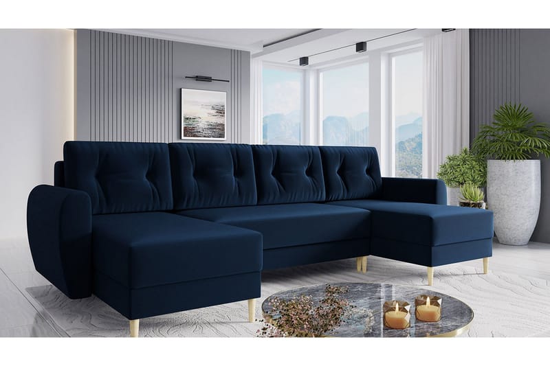 Bornalle 4-seter U-formet Sovesofa med Oppbevaring og Knappedetaljer i Fløyel - Blå - Møbler - Sofaer - Sovesofaer - Sovesofa divan