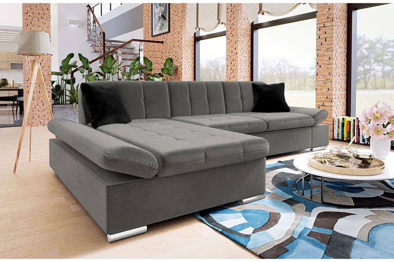 Branstad Hjørnesovesofa Venstrevendt 129x240 cm med Oppbevaring i Fløyel - Grå - Møbler - Sofaer - Sovesofaer - Langsgående sovesofa