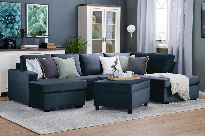 Crazy 4-seters Høyrevendt U-formet Large Sofa med Divan og Sjeselong i Fløyel - Blå - Møbler - Sofaer - Fløyelssofaer