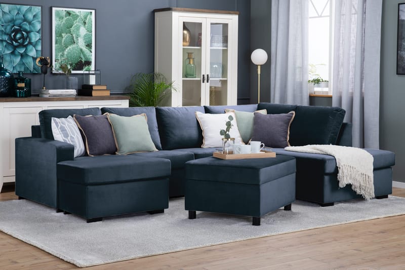 Crazy 4-seters Høyrevendt U-formet Large Sofa med Divan og Sjeselong i Fløyel - Blå - Møbler - Sofaer - Fløyelssofaer