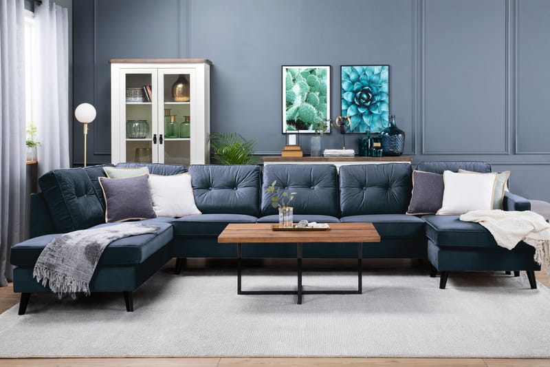 Monroe 6-seters Venstrevendt U-formet Large Sofa med Divan og Sjeselong i Fløyel - Blå - Møbler - Sofaer - Fløyelssofaer