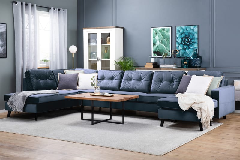 Monroe 6-seters Venstrevendt U-formet Large Sofa med Divan og Sjeselong i Fløyel - Blå - Møbler - Sofaer - Fløyelssofaer