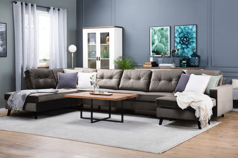 Monroe 6-seters Venstrevendt U-formet Large Sofa med Divan og Sjeselong i Fløyel - Brun - Møbler - Sofaer - Fløyelssofaer