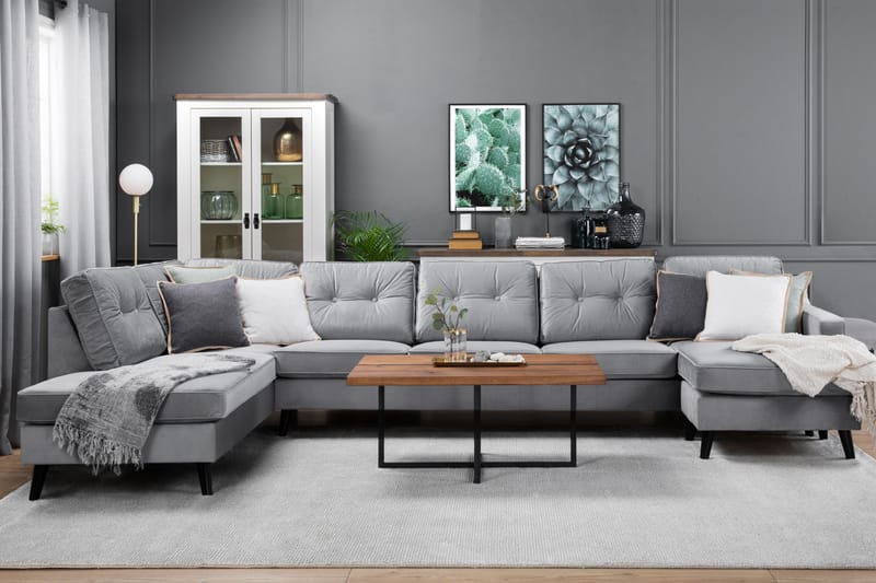 Monroe 6-seters Venstrevendt U-formet Large Sofa med Divan og Sjeselong i Fløyel - Lys grå - Møbler - Sofaer - Fløyelssofaer