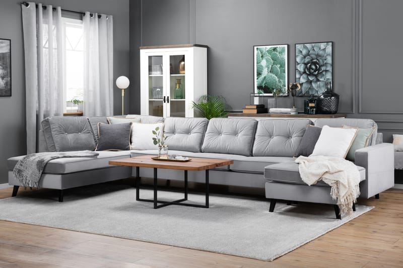 Monroe 6-seters Venstrevendt U-formet Large Sofa med Divan og Sjeselong i Fløyel - Lys grå - Møbler - Sofaer - Fløyelssofaer