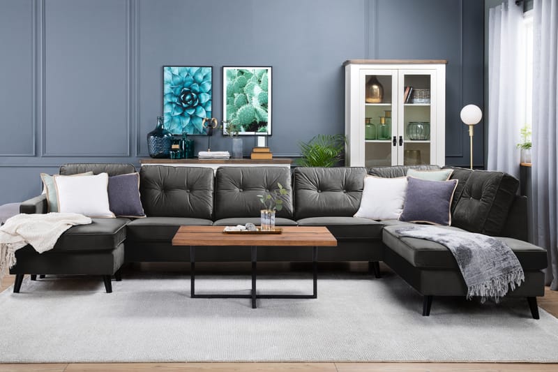 Monroe 6-seters Venstrevendt U-formet Large Sofa med Divan og Sjeselong i Fløyel - Mørk grå - Møbler - Sofaer - Fløyelssofaer