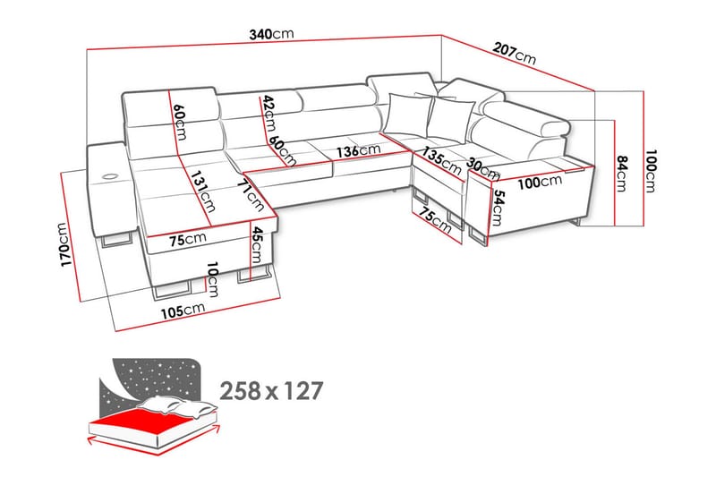 Morenia 4-seter Høyrevendt Sovesofa 127x258 cm med Oppbevaring i Fløyel - Lysegrå - Møbler - Sofaer - Fløyelssofaer
