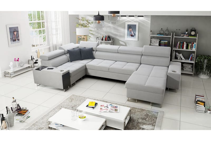 Morenia 4-seter Høyrevendt Sovesofa 127x258 cm med Oppbevaring i Fløyel - Lysegrå - Møbler - Sofaer - Fløyelssofaer