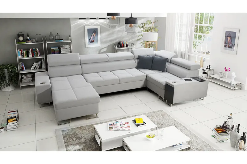 Morenia 4-seter Venstrevendt Sovesofa 127x284 cm med Oppbevaring i Fløyel - Lysegrå - Møbler - Sofaer - Fløyelssofaer