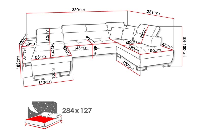 Morenia 4-seter Venstrevendt Sovesofa 127x284 cm med Oppbevaring i Fløyel - Lysegrå - Møbler - Sofaer - Fløyelssofaer