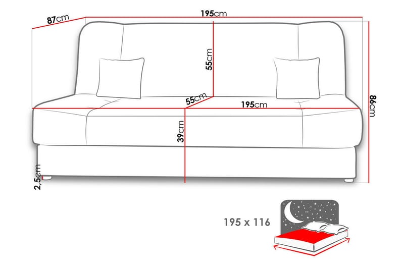 Sovesofa Jonas 195x87x86 cm - Rød - Fløyelssofaer - 3 seters sovesofa