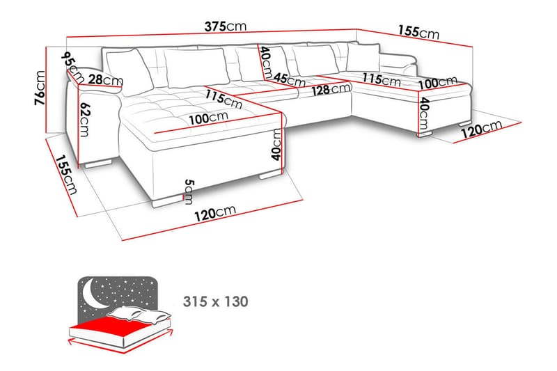 U-sovesofa Wicenza 375x155x76 cm - Sovesofa divan - U sovesofa - Fløyelssofaer