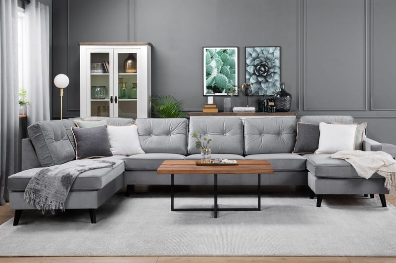 Vanlig sofa med divan og sjeselong Scandinavian Choice Monroe U-sofa med divan høyre fløyel Lysegrå - Møbler - Sofaer - Fløyelssofaer