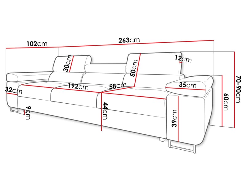 Gabina 3-seter Sofa med Justerbare Nakkestøtter i Stoff - Grå - Møbler - Sofaer - 3 seter sofa