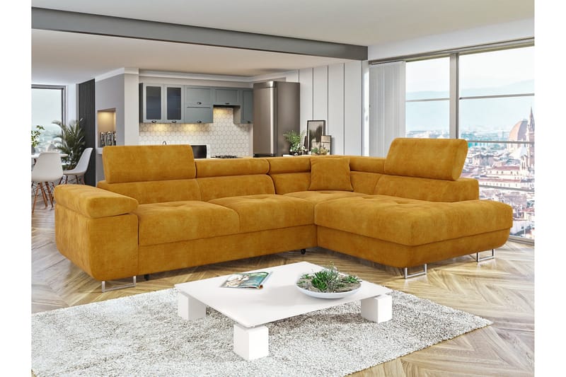Gabina Sofa med Sjeselong 3-seter - Gul - Møbler - Sofaer - Fløyelssofaer