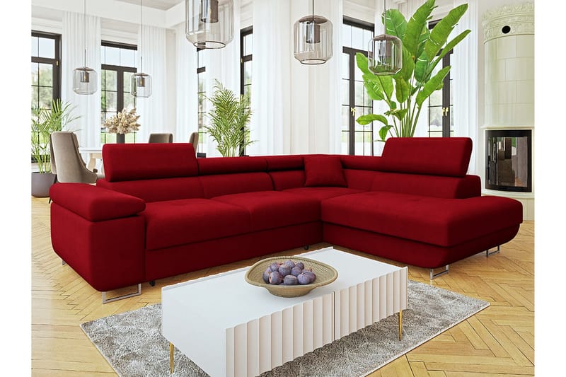 Gabina Sofa med Sjeselong 3-seter - Rød - Møbler - Sofaer - Fløyelssofaer