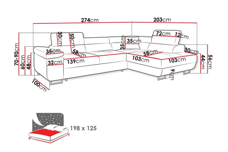 Gabina Sofa med Sjeselong 3-seter - Rød - Møbler - Sofaer - Fløyelssofaer