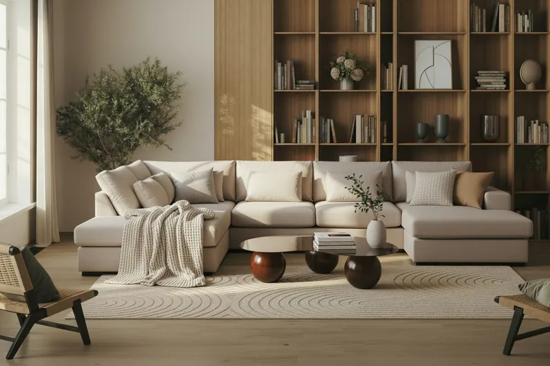 Grande 5-seters U-Sofa med Divan Venstre - Beige Fløyel - Møbler - Sofaer - Fløyelssofaer