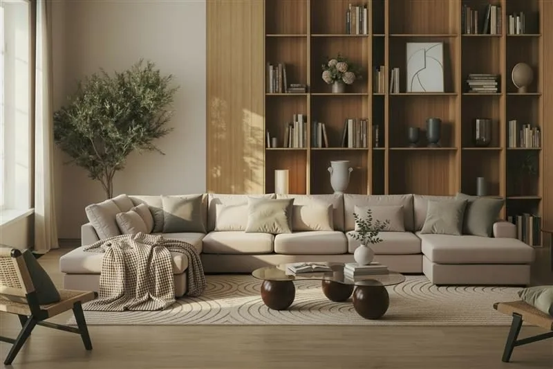 Grande 6-seters U-Sofa med Divan Venstre - Beige Fløyel - Møbler - Sofaer - Fløyelssofaer