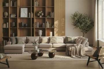 Grande 6-seters U-Sofa med Divan Venstre - Beige Fløyel - Møbler - Sofaer - Fløyelssofaer