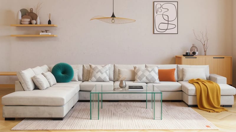 Grande Stor 7-seters U-Sofa med Divan Høyre - Beige Fløyel - Møbler - Sofaer - Fløyelssofaer