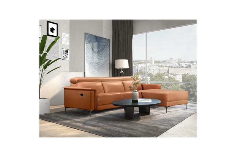 Hjørnesofa 3-seter Lund Kognac, Lær/PU, Høyre Manuell Recliner - Kognac, Lær/PU, Høyre Manuell Recliner - Møbler - Sofaer - Reclinersofaer