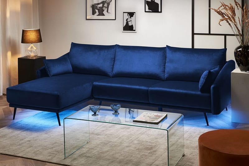 Hjørnesofa med LED-belysning fløyel marineblå - Blå - Fløyelssofaer - 3 seters sofa med divan - Sofaer med sjeselong