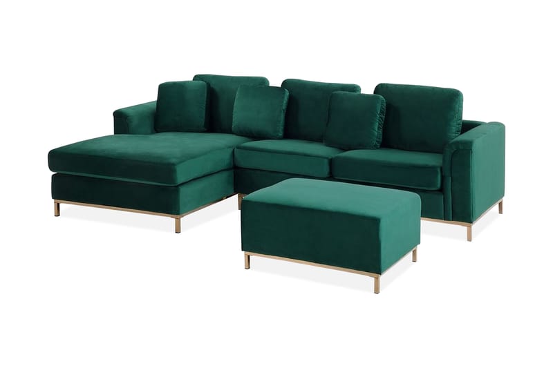 Hjørnesofa Sharmon Høyre + Fotskammel - Grønn/Fløyel - 4 seters sofa med divan - Sofaer med sjeselong