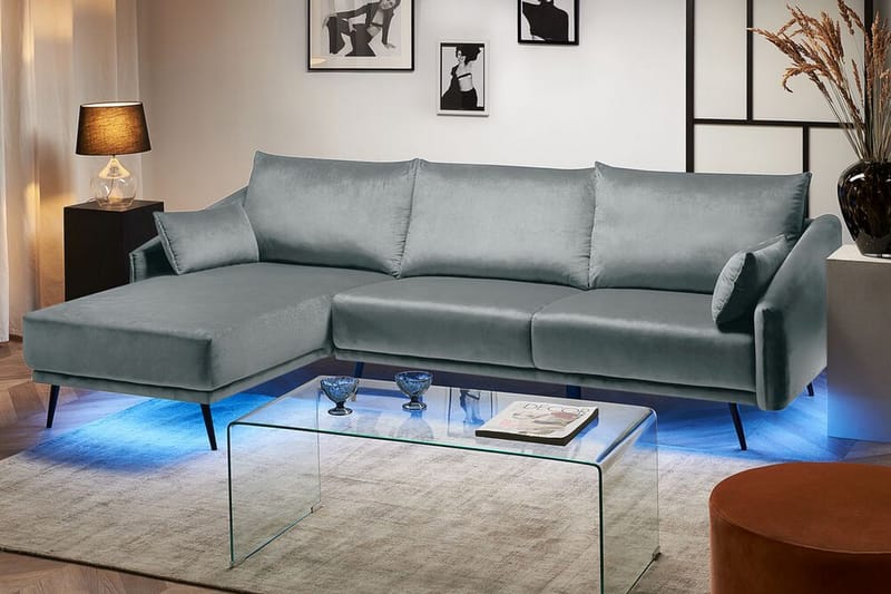 Hjørnesofa Zaney Høyre med LED-Belysning Fløyel - Grå - 3 seters sofa med divan - Sofaer med sjeselong