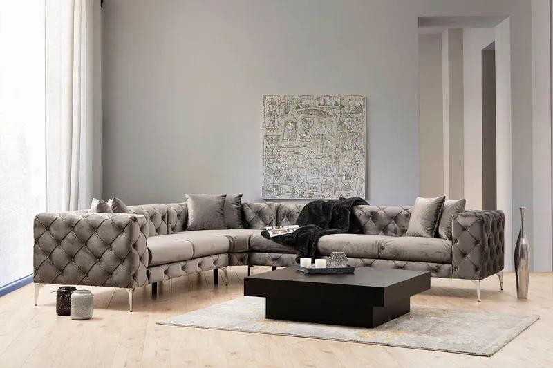 Beachport Stor 6-seters Hjørnesofa Fløyel L-formet - Grå / Antrasitt - Møbler - Sofaer - Hjørnesofaer