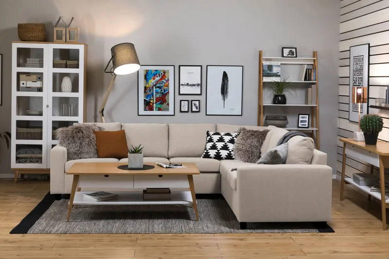 Crazy 5-seters Vendbar L-formet Large Hjørnesofa i Stoff - Beige - Møbler - Sofaer - Hjørnesofaer