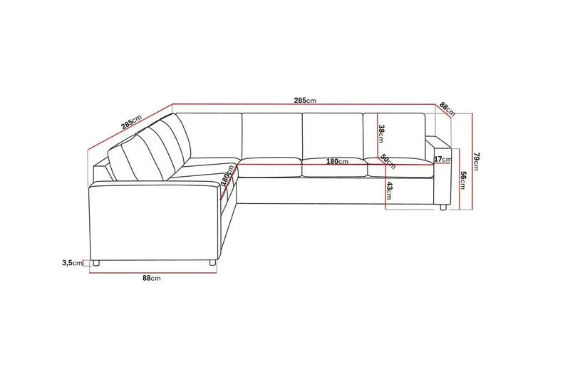 Crazy 6-seters Vendbar L-formet X-Large Hjørnesofa i Stoff, Antrasitt
