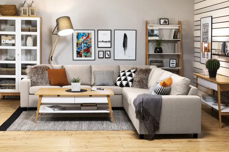 Crazy 6-seters Vendbar L-formet X-Large Hjørnesofa i Stoff - Beige - Møbler - Sofaer - Hjørnesofaer