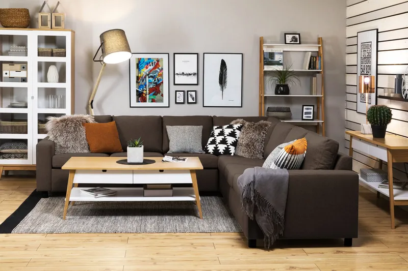 Crazy 6-seters Vendbar L-formet X-Large Hjørnesofa i Stoff - Brun - Møbler - Sofaer - Hjørnesofaer