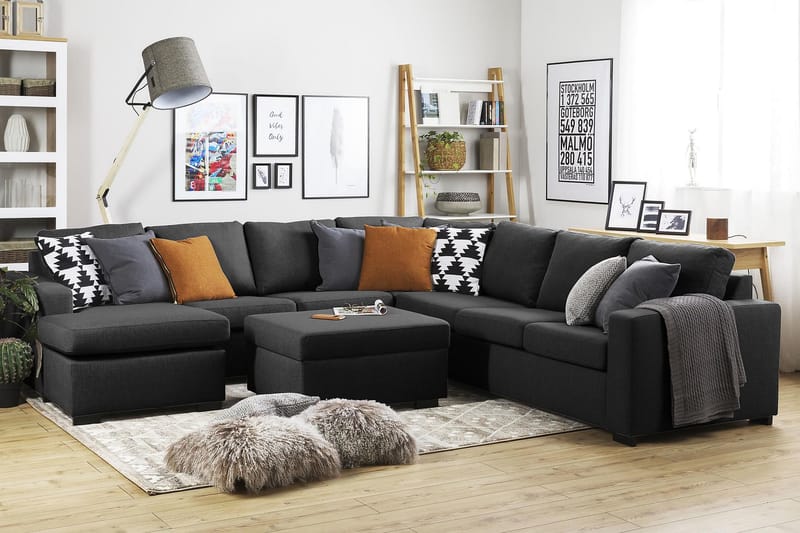 Crazy 6-seters Venstrevendt U-formet Large Hjørnesofa med Divan i Stoff - Antrasitt - Møbler - Sofaer - Hjørnesofaer - Hjørnesofa med divan