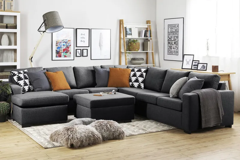 Crazy 6-seters Venstrevendt U-formet Large Hjørnesofa med Divan i Stoff - Mørk grå - Møbler - Sofaer - Hjørnesofaer - Hjørnesofa med divan