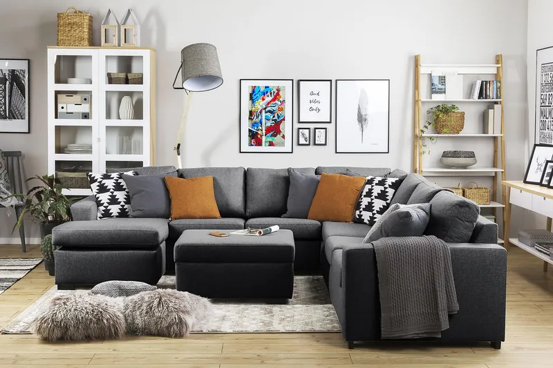 Crazy 6-seters Venstrevendt U-formet Large Hjørnesofa med Divan i Stoff - Mørk grå - Møbler - Sofaer - Hjørnesofaer - Hjørnesofa med divan