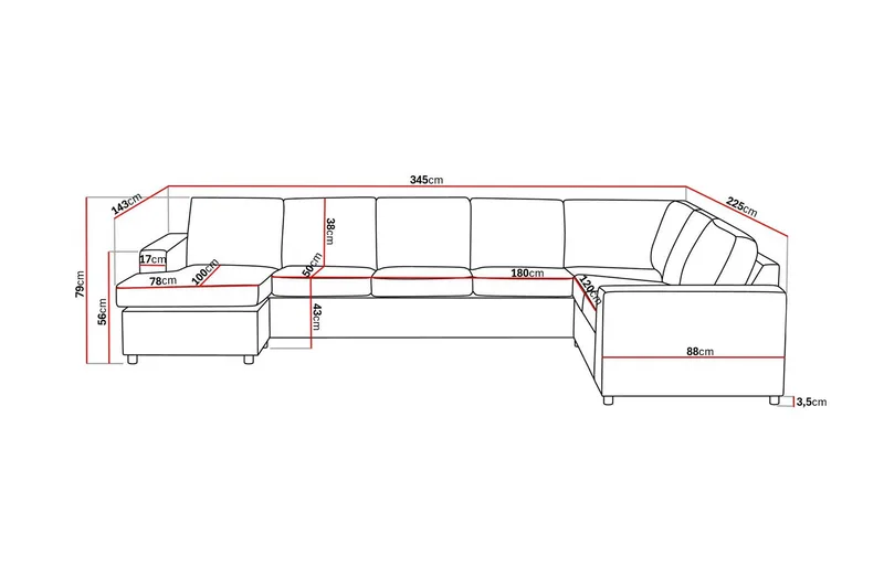 Crazy 6-seters Venstrevendt U-formet X-Large Hjørnesofa med Divan i Stoff - Antrasitt - Møbler - Sofaer - Hjørnesofaer - Hjørnesofa med divan