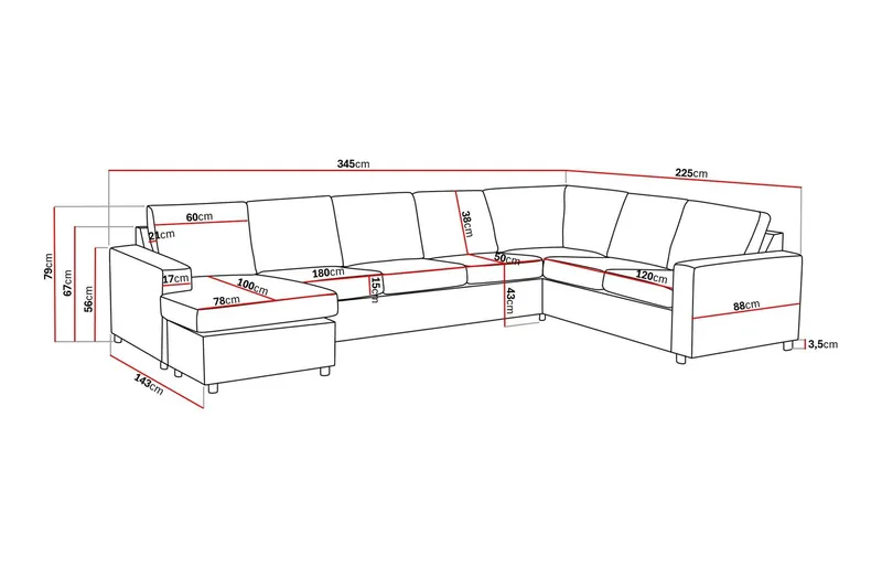 Crazy 6-seters Venstrevendt U-formet X-Large Hjørnesofa med Divan i Stoff - Antrasitt - Møbler - Sofaer - Hjørnesofaer - Hjørnesofa med divan