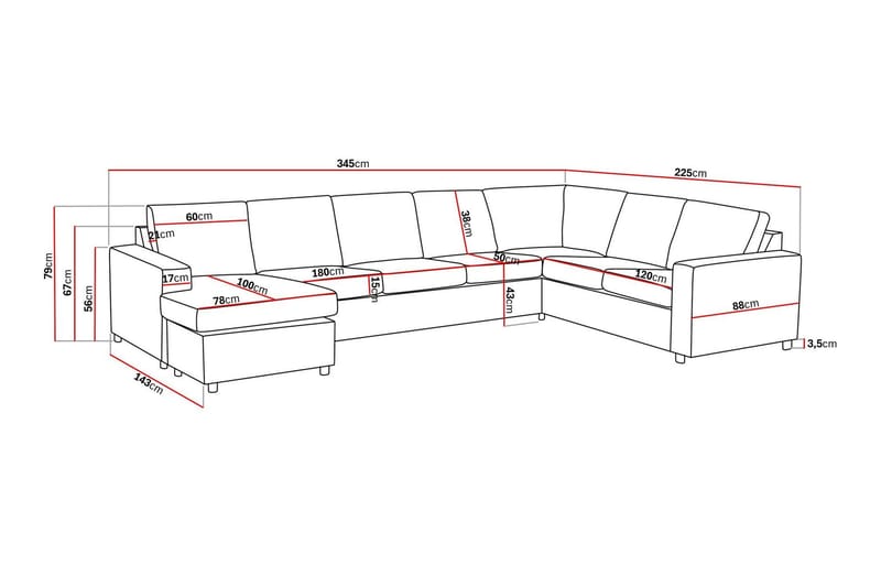 Crazy 6-seters Venstrevendt U-formet X-Large Hjørnesofa med Divan i Stoff - Antrasitt - Møbler - Sofaer - Hjørnesofaer - Hjørnesofa med divan