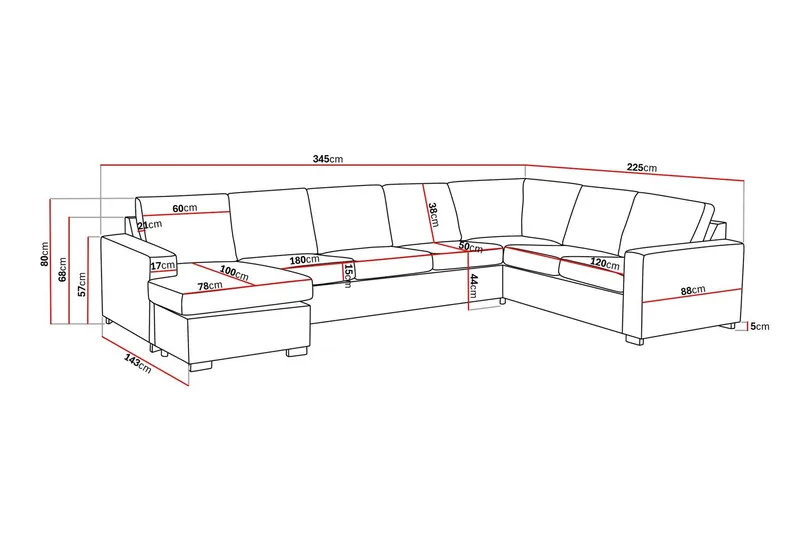 Crazy 6-seters Venstrevendt U-formet X-Large Hjørnesofa med Divan i Stoff - Grå - Møbler - Sofaer - Hjørnesofaer - Hjørnesofa med divan