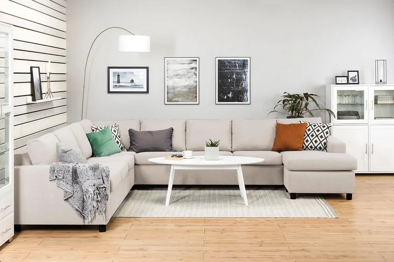 Crazy 7-seters Høyrevendt U-formet XX-Large Hjørnesofa med Divan i Stoff - Beige - Møbler - Sofaer - Hjørnesofaer - Hjørnesofa med divan