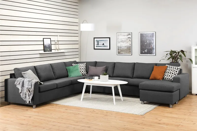 Crazy 7-seters Høyrevendt U-formet XX-Large Hjørnesofa med Divan i Stoff - Mørk grå - Møbler - Sofaer - Hjørnesofaer - Hjørnesofa med divan