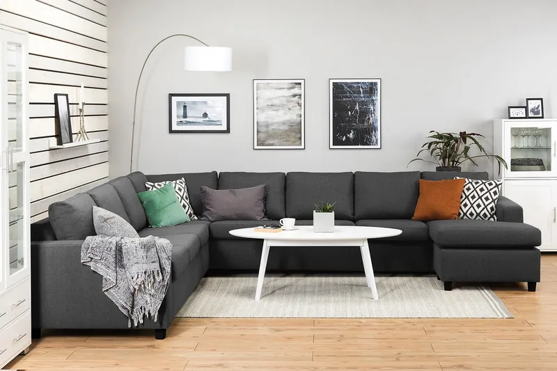 Crazy 7-seters Høyrevendt U-formet XX-Large Hjørnesofa med Divan i Stoff - Mørk grå - Møbler - Sofaer - Hjørnesofaer - Hjørnesofa med divan