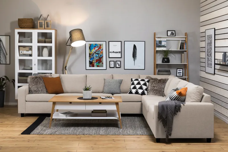 Crazy 7-seters Vendbar L-formet XX-Large Hjørnesofa i Stoff - Beige - Møbler - Sofaer - Hjørnesofaer